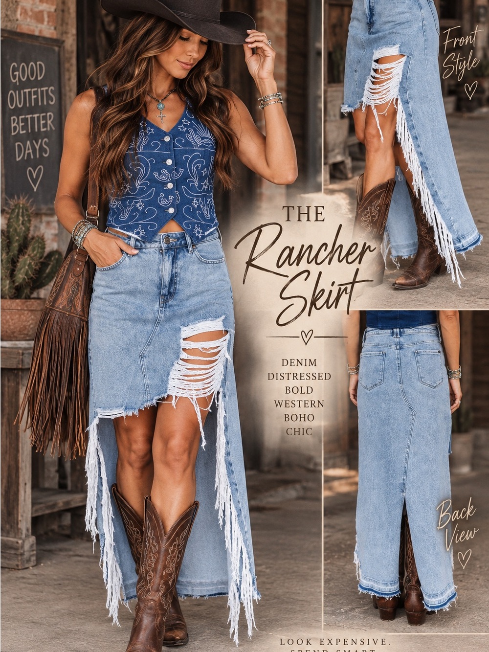 Lucky & Blessed Denim Distressed Fringe Skirt - Blue